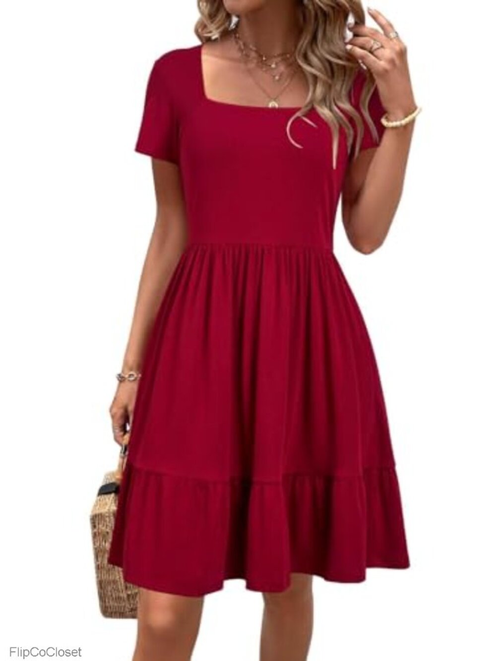 Square Neck Ruffle A-Line Sundress with Pockets Casual Summer Midi Dress